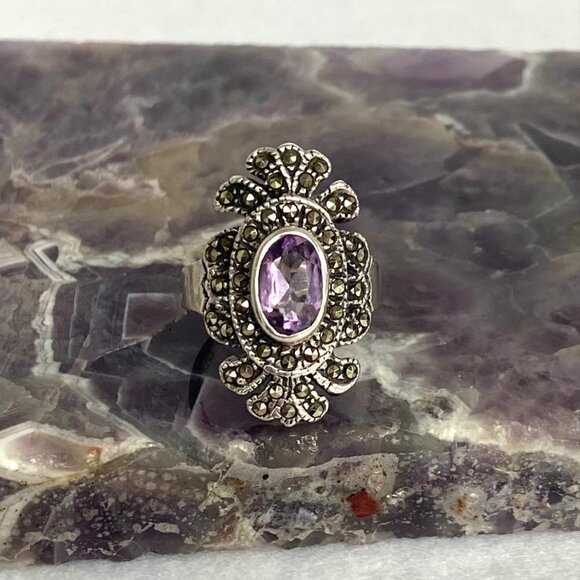 Sterling Silver 925 HAN Thai Oval Amethyst 1" Large Marcasite Ring Sz 6.25 - Picture 5 of 16